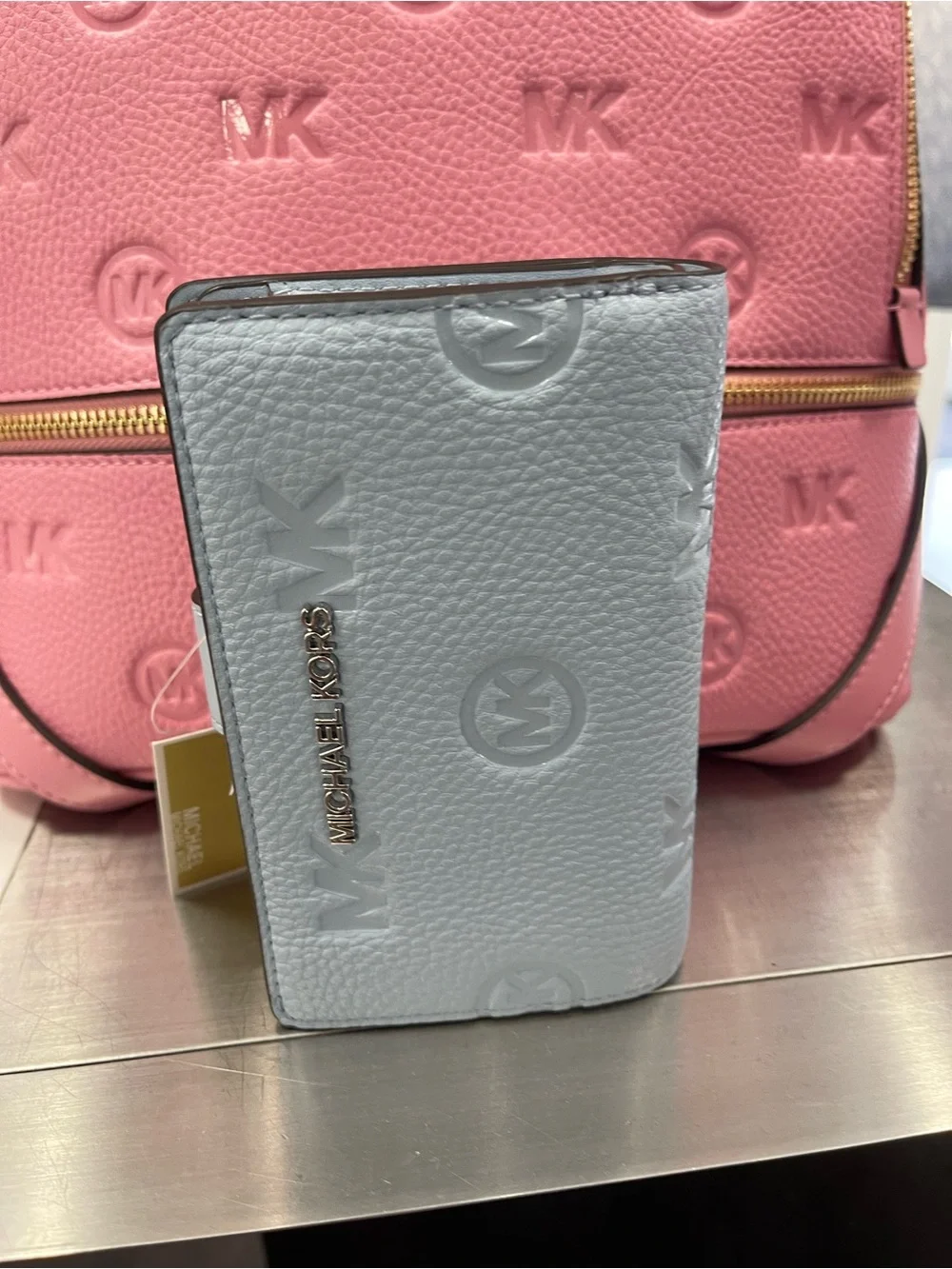 Michael Kors Jet Set Travel Md MK Logo Debossed Bifold Wallet Pale Ocean  NWT